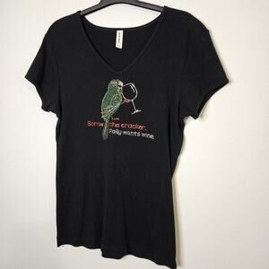Save The Crackers, Polly Wants Wine Tee Black Rhinestones Cotton USA Sz L